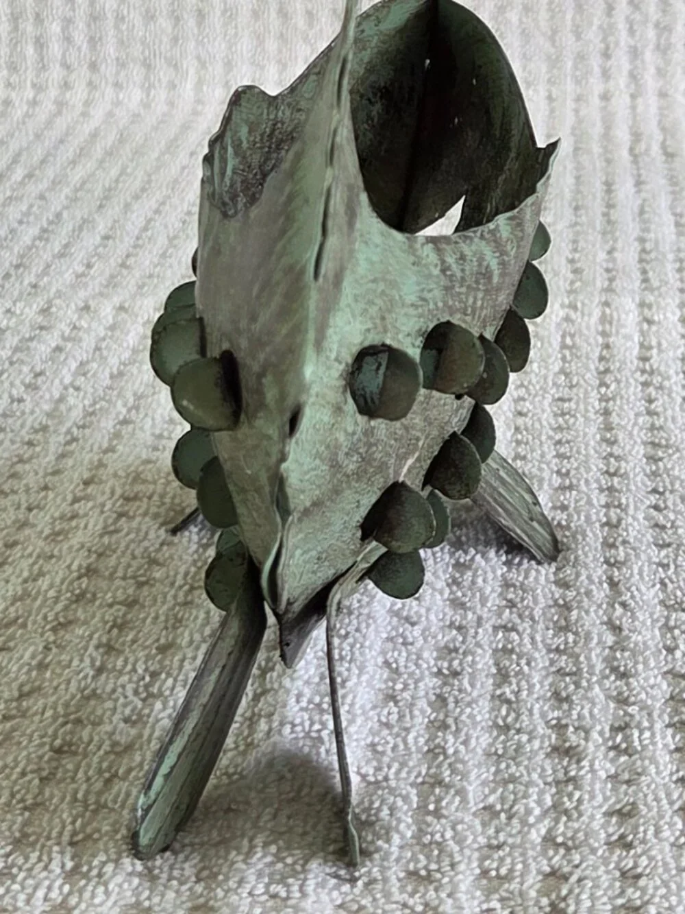 Metal Fish Tea Light Candle Holder Green Rustic Steel Sculpture 9” Cabin